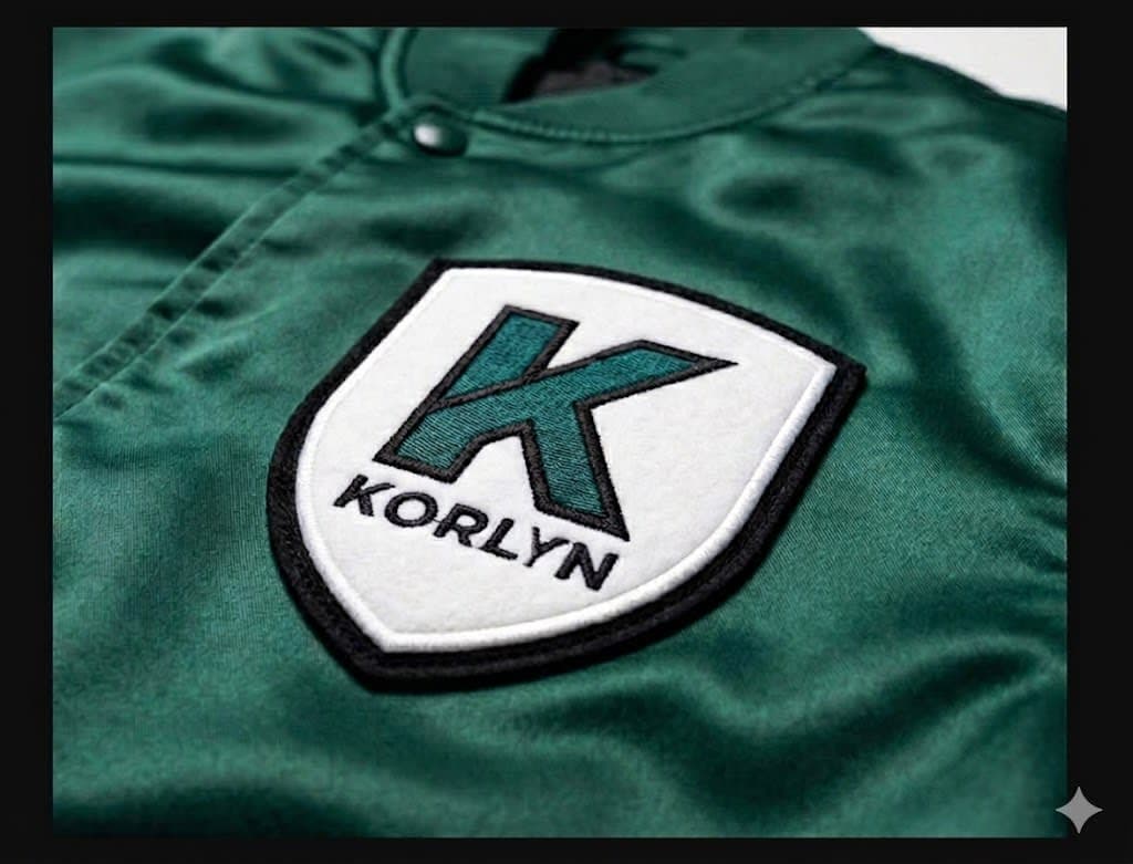 Embroidered logo patch on satin varsity jacket