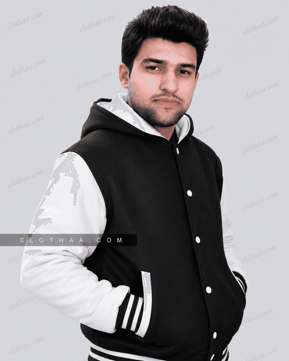Black Wool and White Leather Sleeves Varsity Hoodie Jacket - primary product view