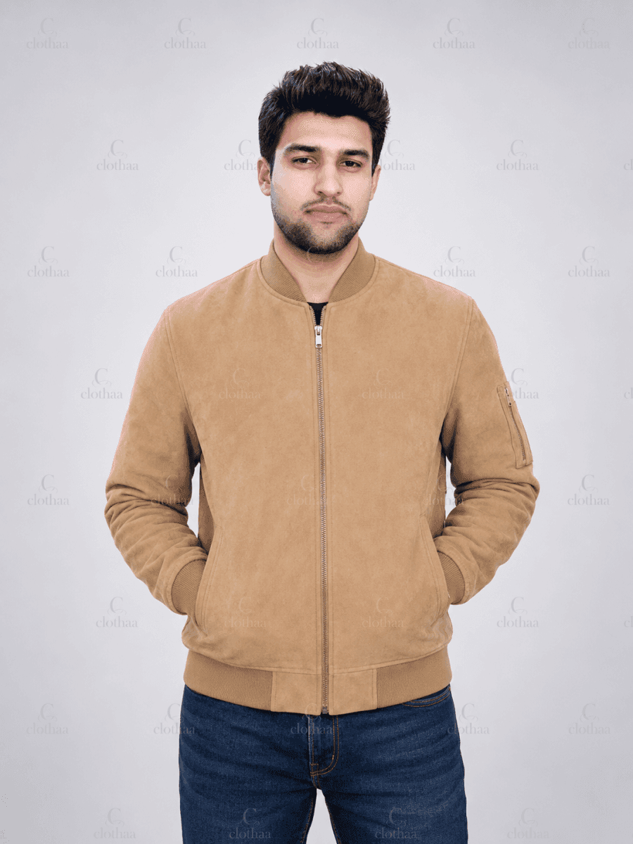Camel Brown Suede Leather Bomber Jacket - primary product view